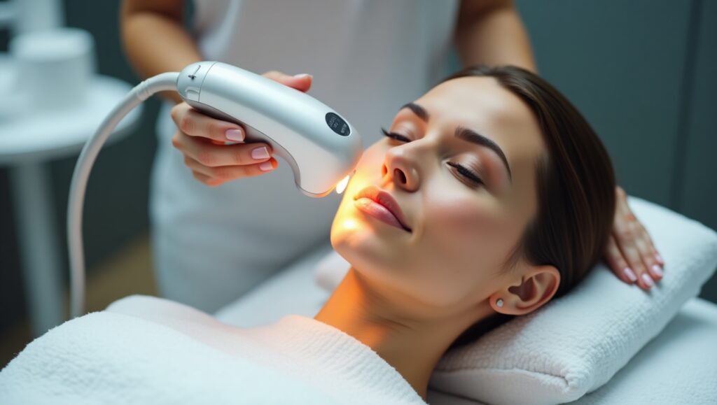 Woman receiving Helix CO2 laser treatment for skin rejuvenation at a med spa