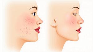 Before and after skin tightening treatment showing visible improvement in facial firmness and reduced acne scars.