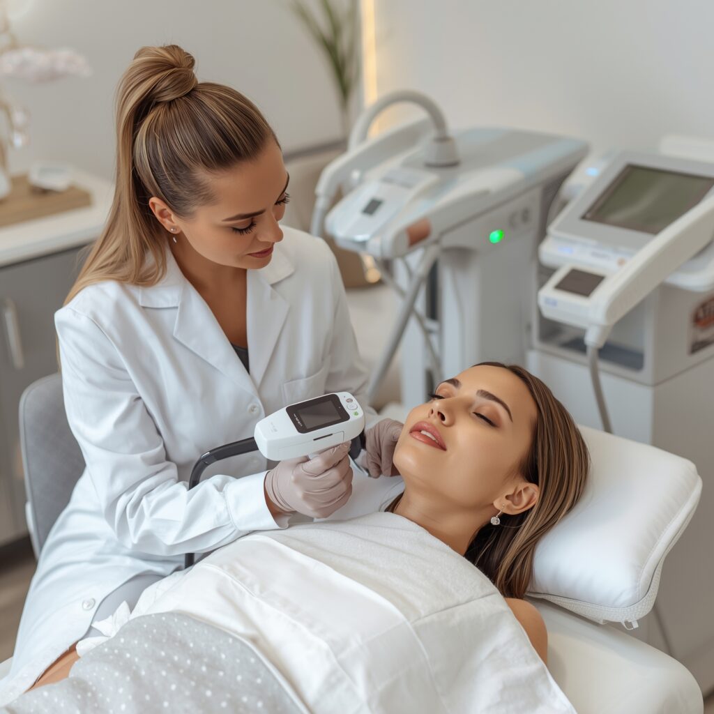 Licensed aesthetic professional performing a non-surgical face lift treatment using advanced skin-tightening equipment in a modern clinic.