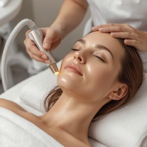 Aesthetic specialist performing RF skin tightening treatment on a woman’s face to reduce wrinkles and improve skin firmness at Youthful Obsession in Edgewater, MD.