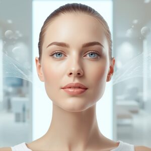 A close-up portrait of a woman with smooth, clear skin in a bright medical spa setting, highlighting healthy complexion and aesthetic skincare results.