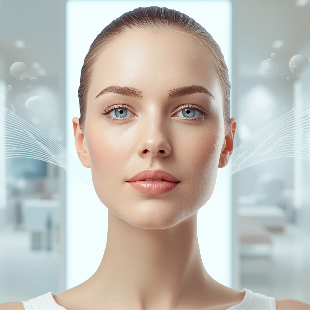 A close-up portrait of a woman with smooth, clear skin in a bright medical spa setting, highlighting healthy complexion and aesthetic skincare results.