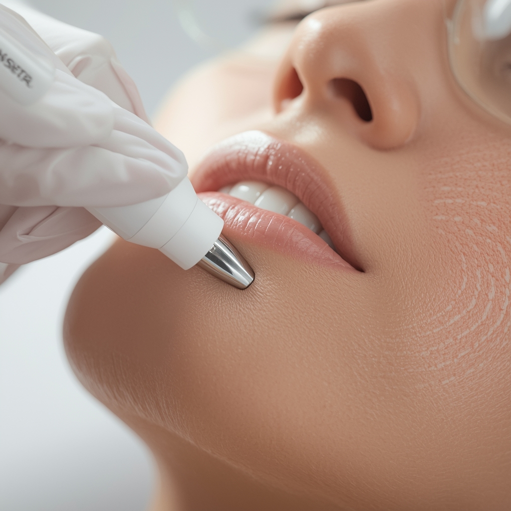 lucid origin photorealistic medical aesthetic scene showing microneedling treatment on human 3