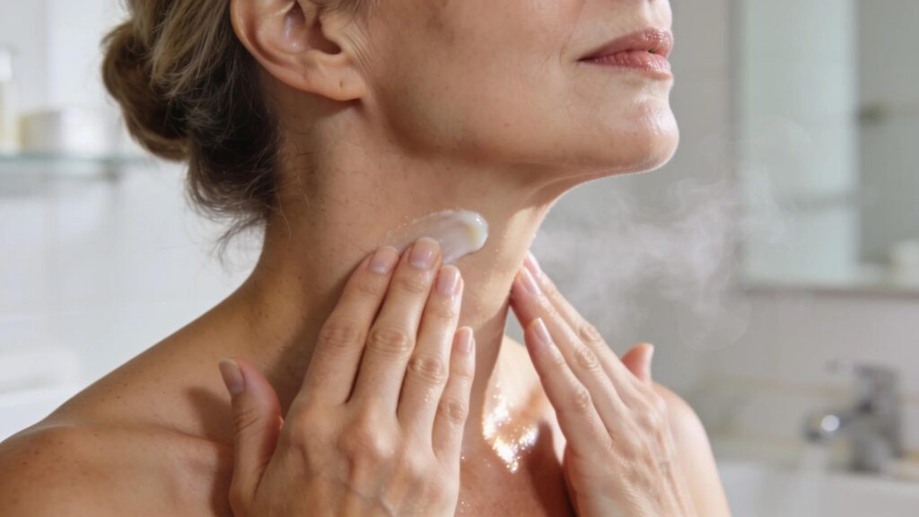 Woman applying skincare on neck and décolletage emphasizing skin rejuvenation techniques