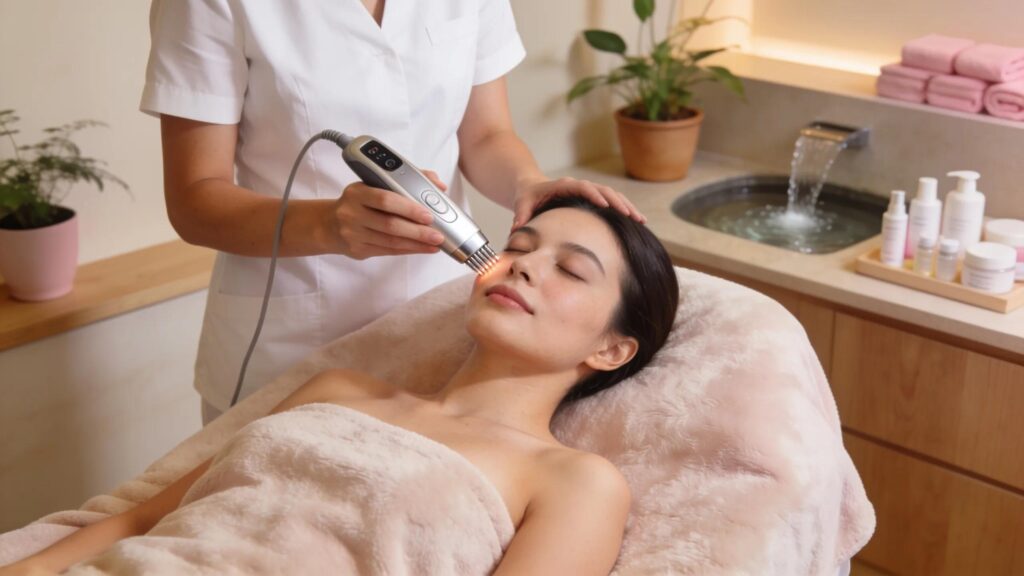 RF microneedling treatment in a serene spa setting highlighting non-invasive facelift options