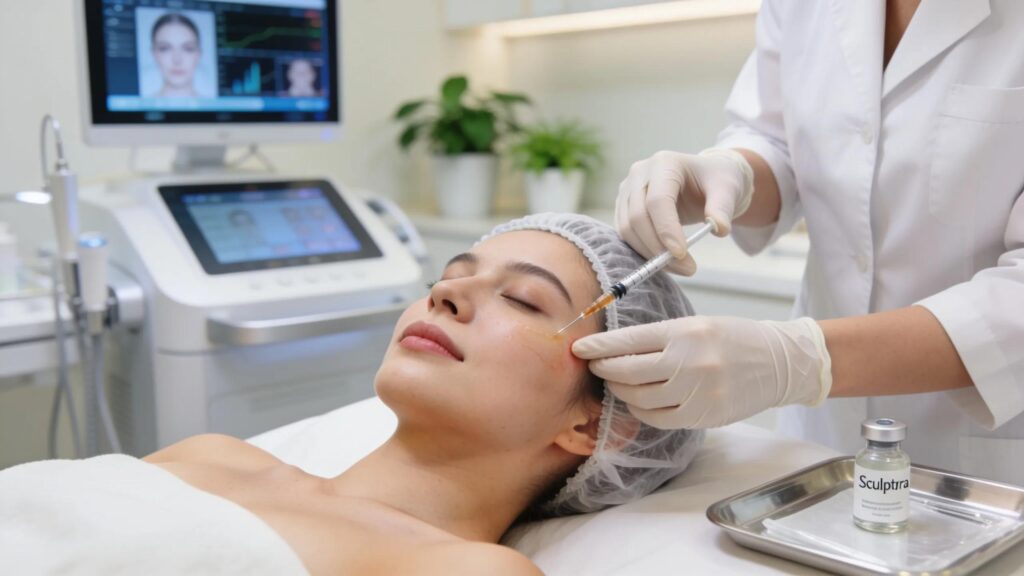 A woman undergoing a non-surgical facelift procedure showing fillers and Sculptra application in a modern clinic environment