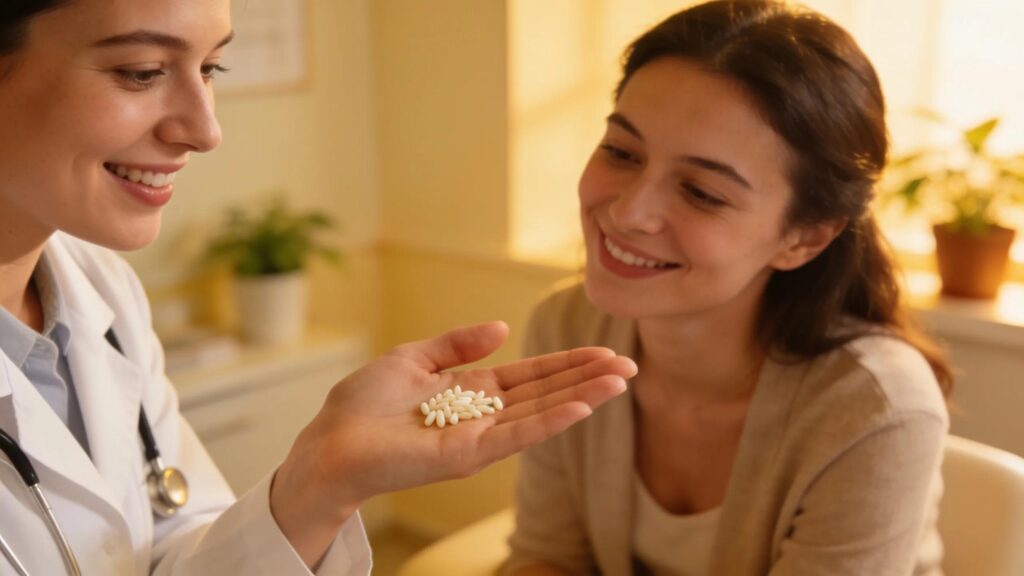 A healthcare professional showing bioidentical hormone replacement therapy pellets to a patient in a warm clinical setting