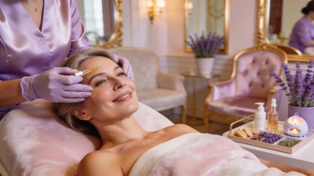 Warm spa scene depicting a woman receiving a rejuvenating skin treatment, emphasizing the benefits of hormone therapy for youthful skin