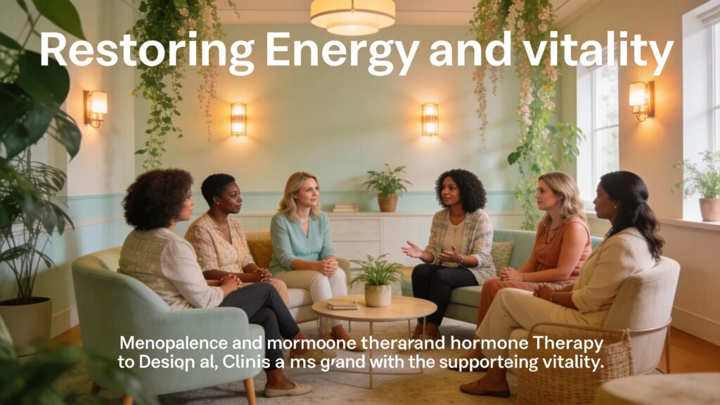 Women discussing menopause and bioidentical hormone therapy in a welcoming clinic environment