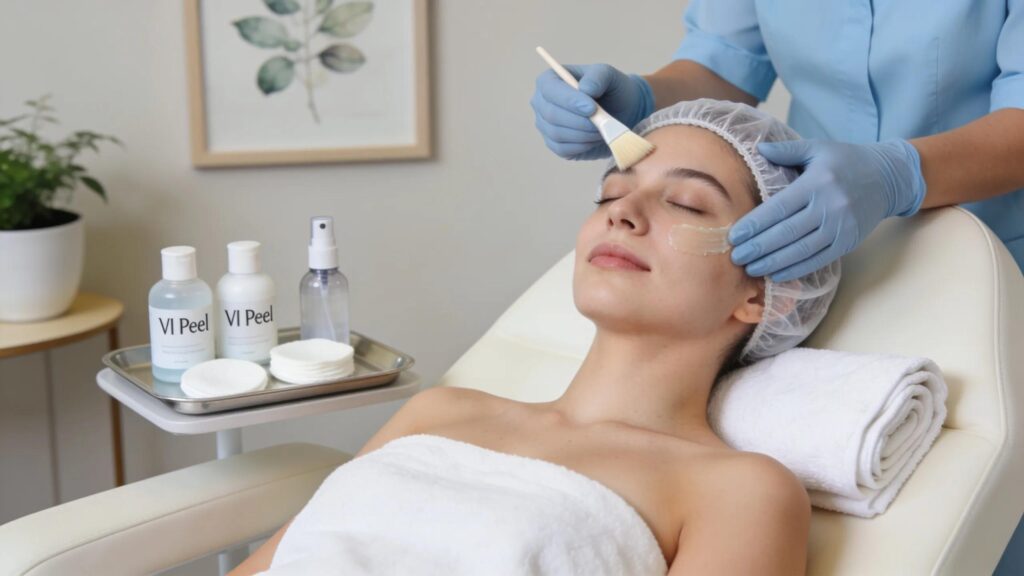Skincare setting showcasing a woman undergoing a VI Peel treatment in a soothing environment