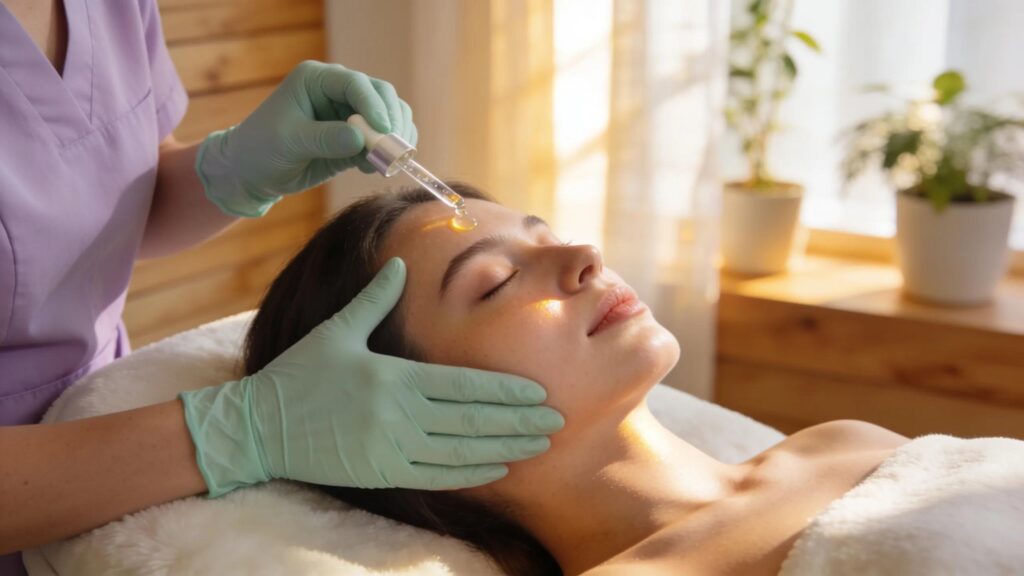 A client receiving a relaxing facial treatment in a peaceful med spa environment, highlighting advanced anti-aging skin services.