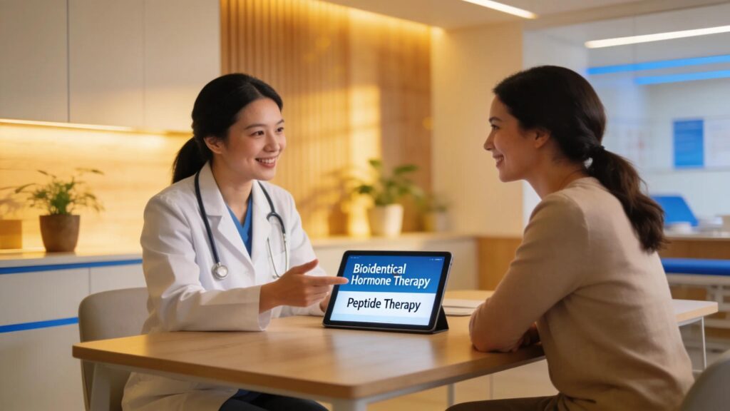 Healthcare professional consulting on bioidentical hormone and peptide therapy